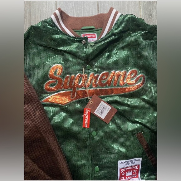 Supreme/ Mitchell & Ness Sequin Varsity Jacket , Green/Brown. Brand new - Picture 6 of 8